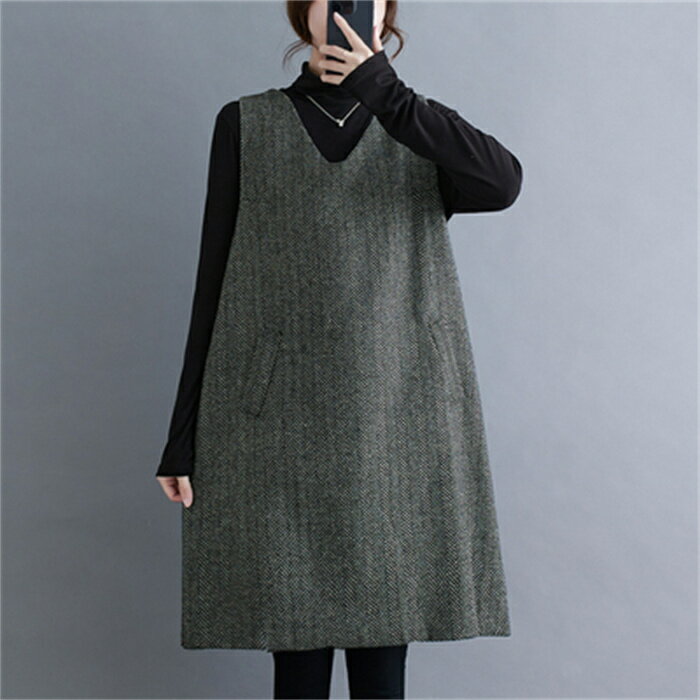 チュニック ジャンパースカート レディース 秋冬 ワンピース 秋 冬 ロングワンピ vネック 膝丈 ジャンスカ チュニックワンピース 重ね着 ワンピ ミディアム丈 ノースリブ レイヤード 無地 ポケット付き カジュアル フォーマル ゆったり 大人