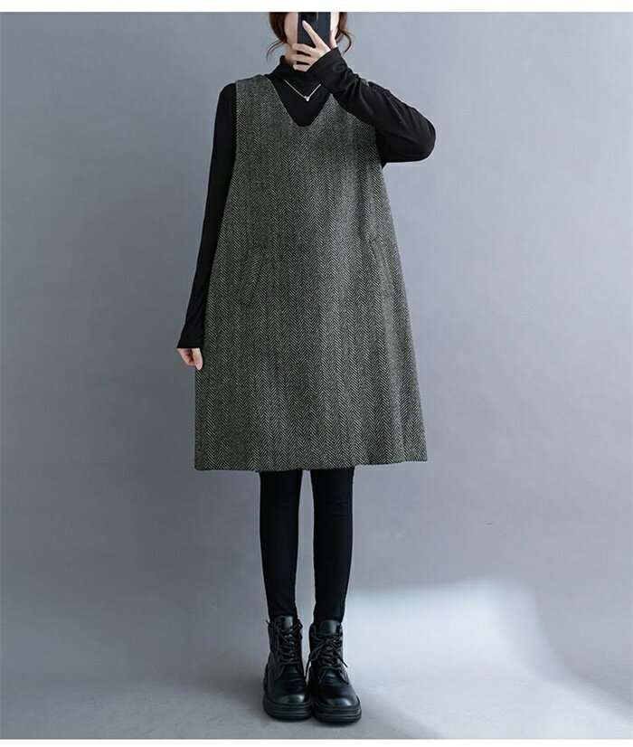 チュニック ジャンパースカート レディース 秋冬 ワンピース 秋 冬 ロングワンピ vネック 膝丈 ジャンスカ チュニックワンピース 重ね着 ワンピ ミディアム丈 ノースリブ レイヤード 無地 ポケット付き カジュアル フォーマル ゆったり 大人