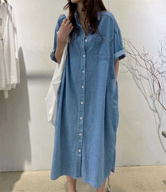 シャツワンピース デニムワンピース 半袖ワンピース ロングワンピース レディース デニム 夏 ロング丈 無地 シャツワンピ ゆったり 大きいサイズ 体型カバー シンプル 羽織り Aライン ロングワンピ マキシワンピ カジュアル 前開き リラックス お洒落 きれいめ 通勤 通学