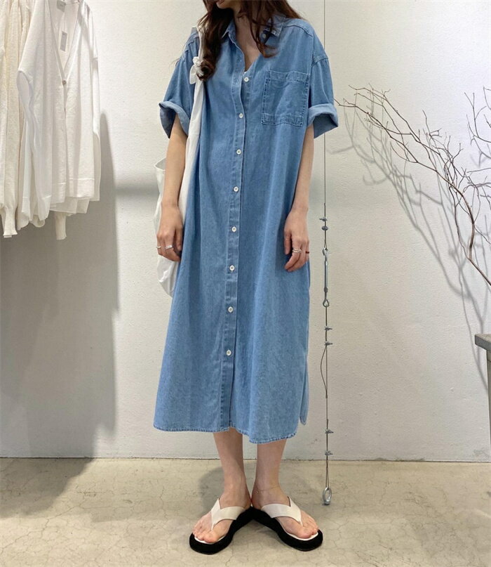 シャツワンピース デニムワンピース 半袖ワンピース ロングワンピース レディース デニム 夏 ロング丈 無地 シャツワンピ ゆったり 大きいサイズ 体型カバー シンプル 羽織り Aライン ロングワンピ マキシワンピ カジュアル 前開き リラックス お洒落 きれいめ 通勤 通学
