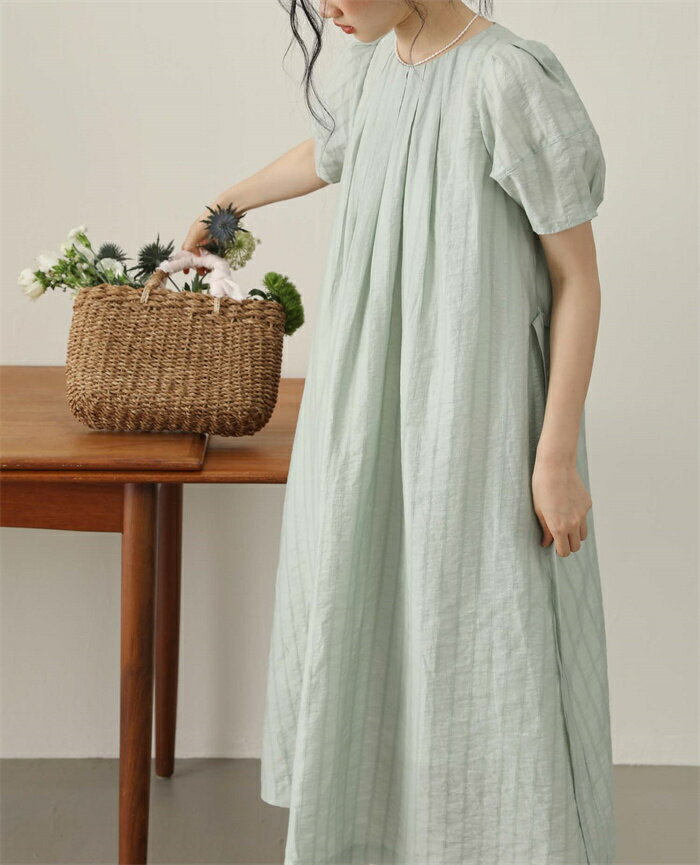 ワンピース ロングワンピース レディース ワシャツンピース ストライプ柄 バルーン袖 半袖ワンピース バルーンスリーブワンピース Aラインワンピース ミモレ丈ワンピース 夏 ギャザー ポケット付き 夏ワンピース 体型カバー ゆったり リラックス カジュアル 送料無料