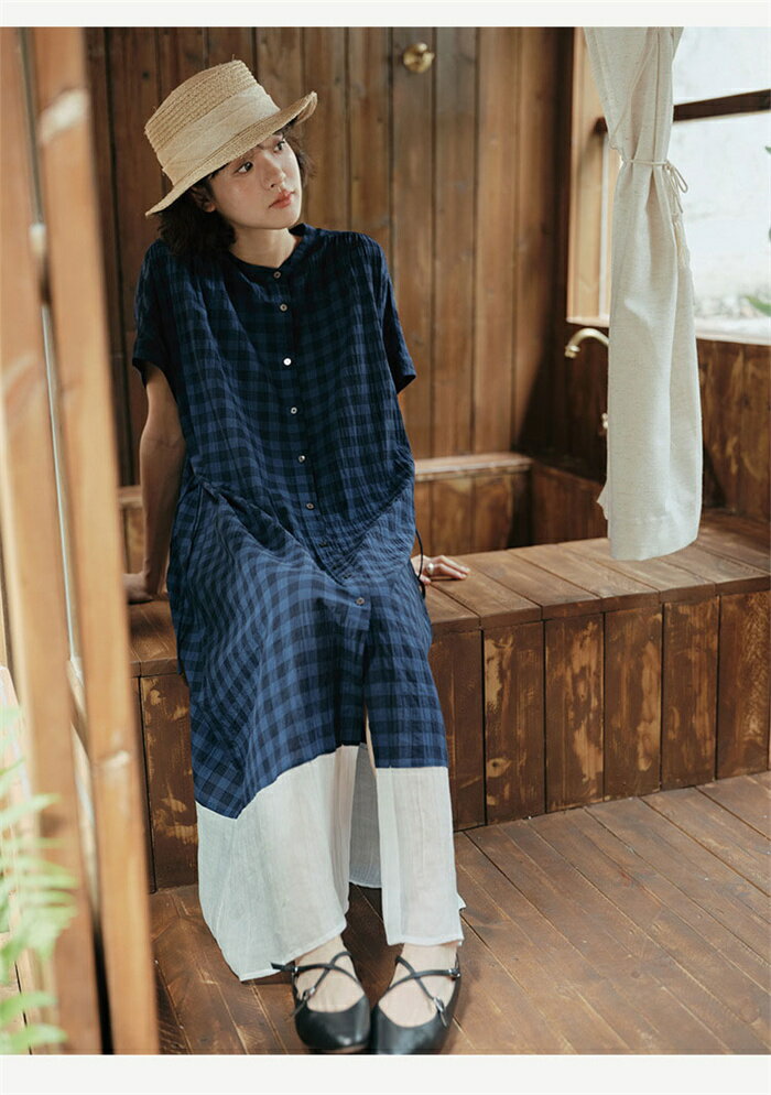 シャツワンピース マキシワンピース ワンピース レディース 夏 ロングワンピース 半袖シャツ 春夏ロング丈 ワンピース 半袖 体型カバー スタンドカラー ロングシャツ 切り替え コットンワンピース 通勤 通学 50代 チェック 綿 ウエスト紐 シンプル カジュアル 送料無料
