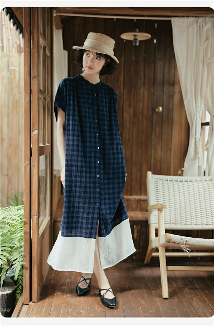 シャツワンピース マキシワンピース ワンピース レディース 夏 ロングワンピース 半袖シャツ 春夏ロング丈 ワンピース 半袖 体型カバー スタンドカラー ロングシャツ 切り替え コットンワンピース 通勤 通学 50代 チェック 綿 ウエスト紐 シンプル カジュアル 送料無料