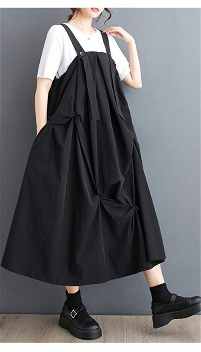 ジャンパースカート レディース ワンピース ロング丈 フレアワンピース ミモレ丈 Aラインワンピース ジャンスカ ロングワンピース サロペット ノースリーブ ゆったりワンピース サロペットスカート 春夏 夏 袖なし 春 レイヤード風 大人 無地 ポケット付き 体型カバー