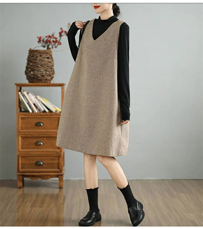 ジャンパースカート ワンピース レディース 秋冬 Aラインワンピース 大人 ウール調 vネック サロペット ワンピ ノースリーブ ジャンスカ 秋 冬 プルオーバー チュニックワンピース 大人 可愛い ジャンパースカート 膝丈 ひざ下 ゆったり 体型カバー 着痩せ 50代 40代