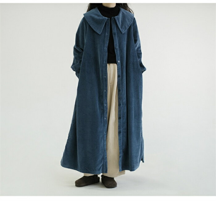 マキシワンピース ワンピース 肩掛け 長袖 レデース コーデュロイ ワンピース 秋冬 ロング丈 シャツワンピース 羽織り 丸襟 大きいサイズ 前開き コーデュロイワンピース ポケット付き 無地 チェスターコート ゆったり Aラインワンピース