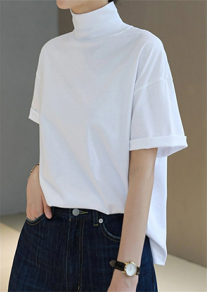 Tシャツ インナー 夏物 レディース ハイネック 半袖 tシャツ 綿100％ カジュアル ...