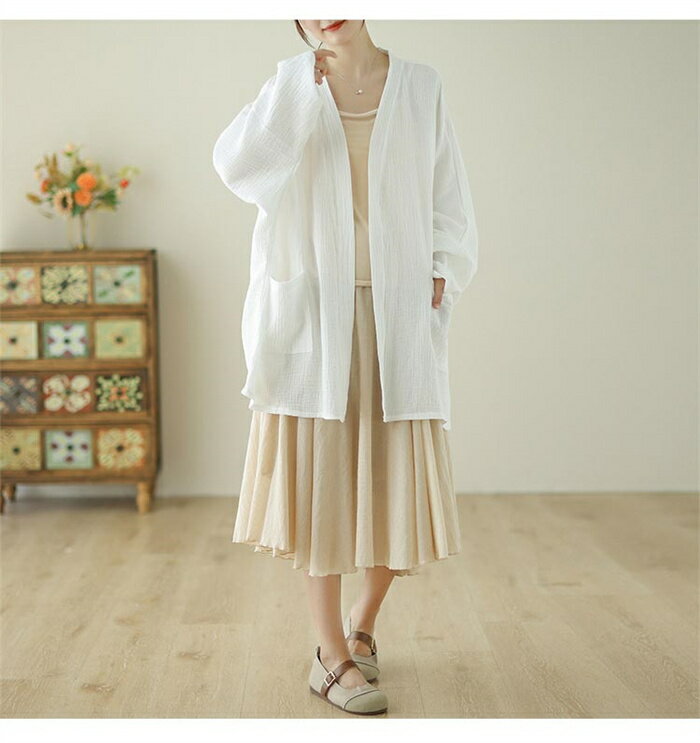 カーディガン 羽織り レディース アウター 春 秋 羽織もの 長袖 ロング丈 綿麻風 トップス 無地 シャツブラウス チュニックシャツ ゆった 体型カバー ノーカラー ライトアウター 春秋 大きいサイズ カジュアル 体型カバー 送料無料