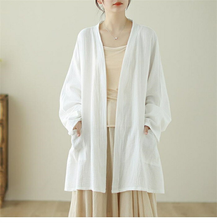 カーディガン 羽織り レディース アウター 春 秋 羽織もの 長袖 ロング丈 綿麻風 トップス 無地 シャツブラウス チュニックシャツ ゆった 体型カバー ノーカラー ライトアウター 春秋 大きいサイズ カジュアル 体型カバー 送料無料