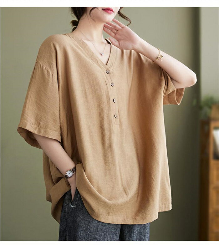 半袖シャツ レディース シャツ Vネック 夏 チュニック ブラウス シャツブラウス 白シャツ ホワイトシャツ 半袖 tシャツ プルオーバーチュニック 5分袖 無地シャツ 体型カバー 半開け 綿麻風 春夏 ゆっるとカジュアル風 お洒落 通学 通勤 シンプル 送料無料