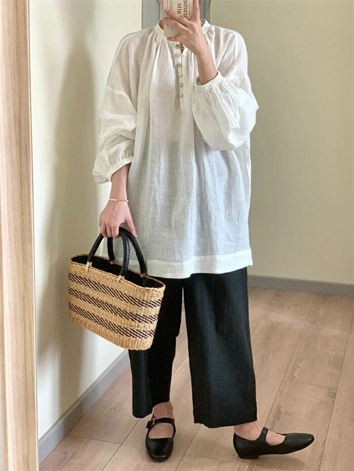 チュニック レディース シャツ シャツブラウス ブラウス ホワイトシャツ 長袖 白色 アウター トップス 半開け 長袖シャツ 長袖チュニック 夏 春 バルーン袖 アウター 羽織り 無地 バルーンスリーブ ゆったり 重ねき 体型カバー 前後差 シンプル おしゃれ 送料無料