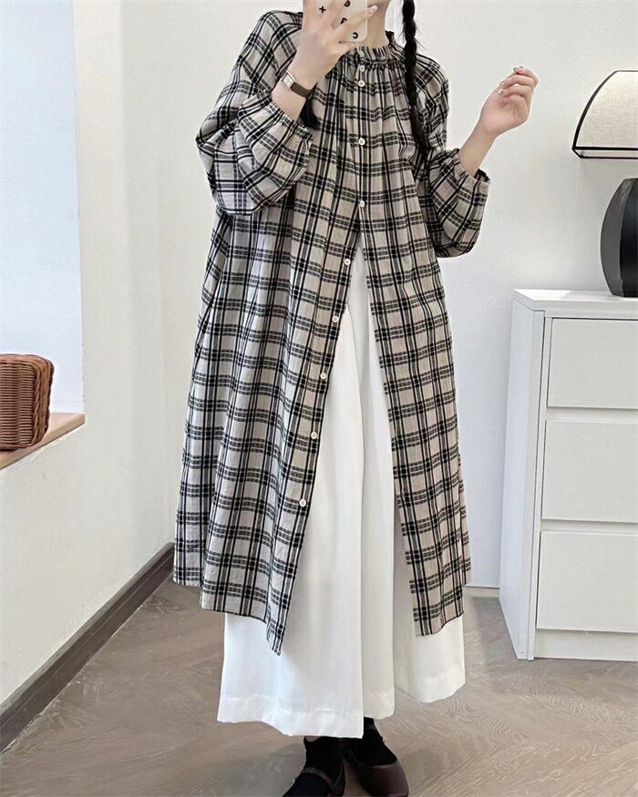 チュニック 長袖シャツ レディース シャツ 春秋 ロングシャツ シャツワンピース 夏 ワンピース シャツブラウス シャツ ロング丈 フリルネック きれいめ チェック ロングワンピース チェック柄シャツ レイヤード 羽織り アウター 綿シャツ ゆったり おしゃれ 体型カバー