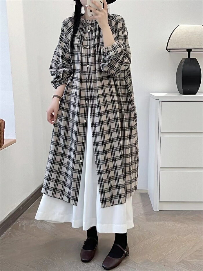 チュニック 長袖シャツ レディース シャツ 春秋 ロングシャツ シャツワンピース 夏 ワンピース シャツブラウス シャツ ロング丈 フリルネック きれいめ チェック ロングワンピース チェック柄シャツ レイヤード 羽織り アウター 綿シャツ ゆったり おしゃれ 体型カバー