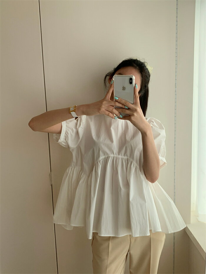 ブラウス 半袖ブラウス レディース フレア裾 シャツブラウス 白ブラウス 無地 バルーン袖 ボリェーム袖 夏ブラウス トップス 綿麻ブラウス 春夏 aライン ホワイトシャツ アウター 羽織り 体型カバー ゆったり カジュアル風 フリル 可愛い ギャザー お洒落 送料無料