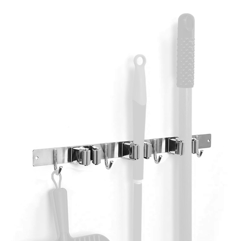 Wrap-it Broom Bar - Broom Holder with Hooks Stainless Steel ブルームバー ほうきホルダー＆フック ほうき モップ ブラシなどのスティック状の物からフックにかける掃除道具等の収納に