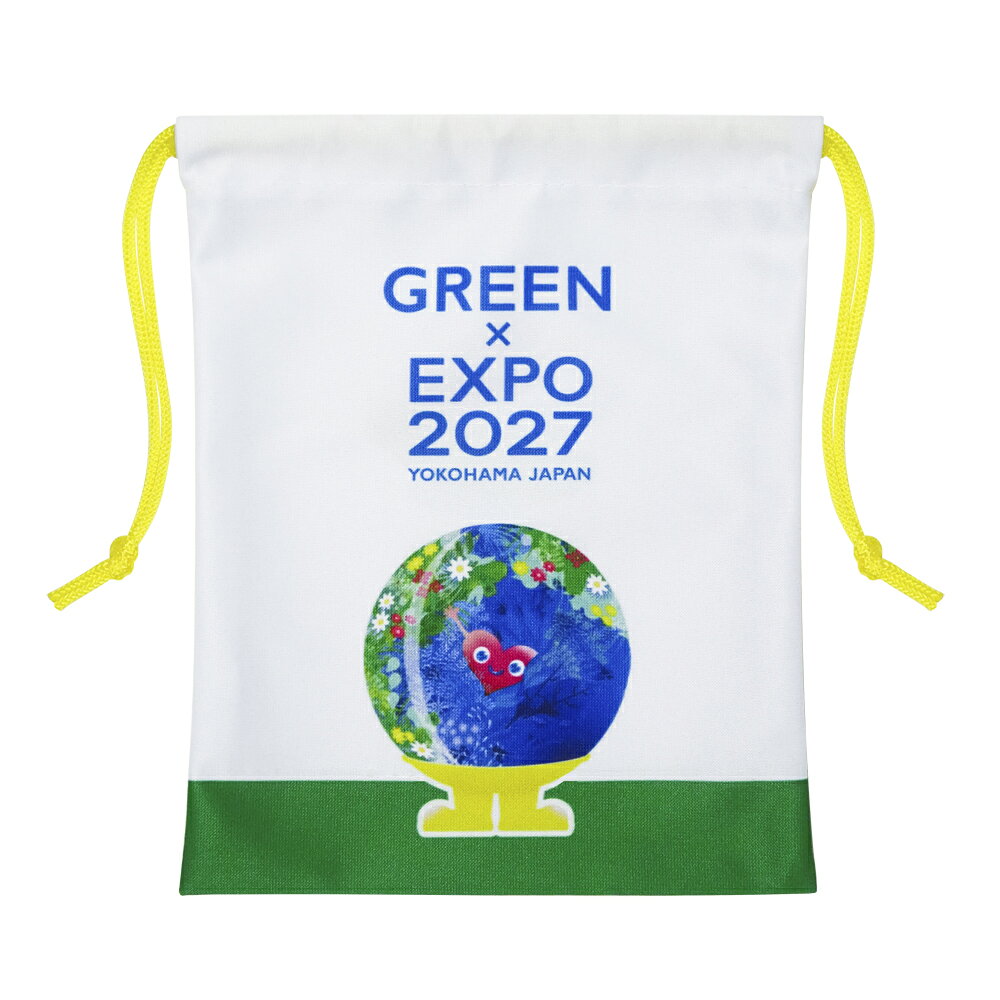 2027国際園芸博公式ライセンス商品 EXPO2027横浜万博グッズ フロントとバックは別デザイン。 両引きヒモで口をしっかり閉じられます。 小物の仕分などいろいろな用途で活躍します。小さなお子様から大人まで幅広く使える巾着袋です。 素材：ポリエステル100％ サイズ：約18×23cm ©Expo 2027