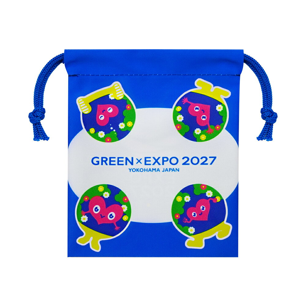 2027国際園芸博公式ライセンス商品 GREEN×EXPO2027　横浜万博グッズ フロントとバックは別デザイン。 ちょっと小さめの可愛いミニ巾着 両引きヒモで口をしっかり閉じられます。 小物の仕分などいろいろな用途で活躍します。小さなお子様から大人まで幅広く使える巾着袋です。 素材：ポリエステル100％ サイズ：約13.5×16cm ©Expo 2027