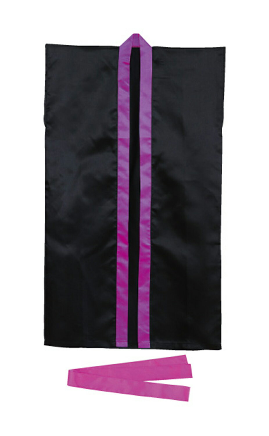 高校生～成人向け サテンロングハッピ 黒（紫襟）Lハチマキ付(4566) 57×90cm サテン製