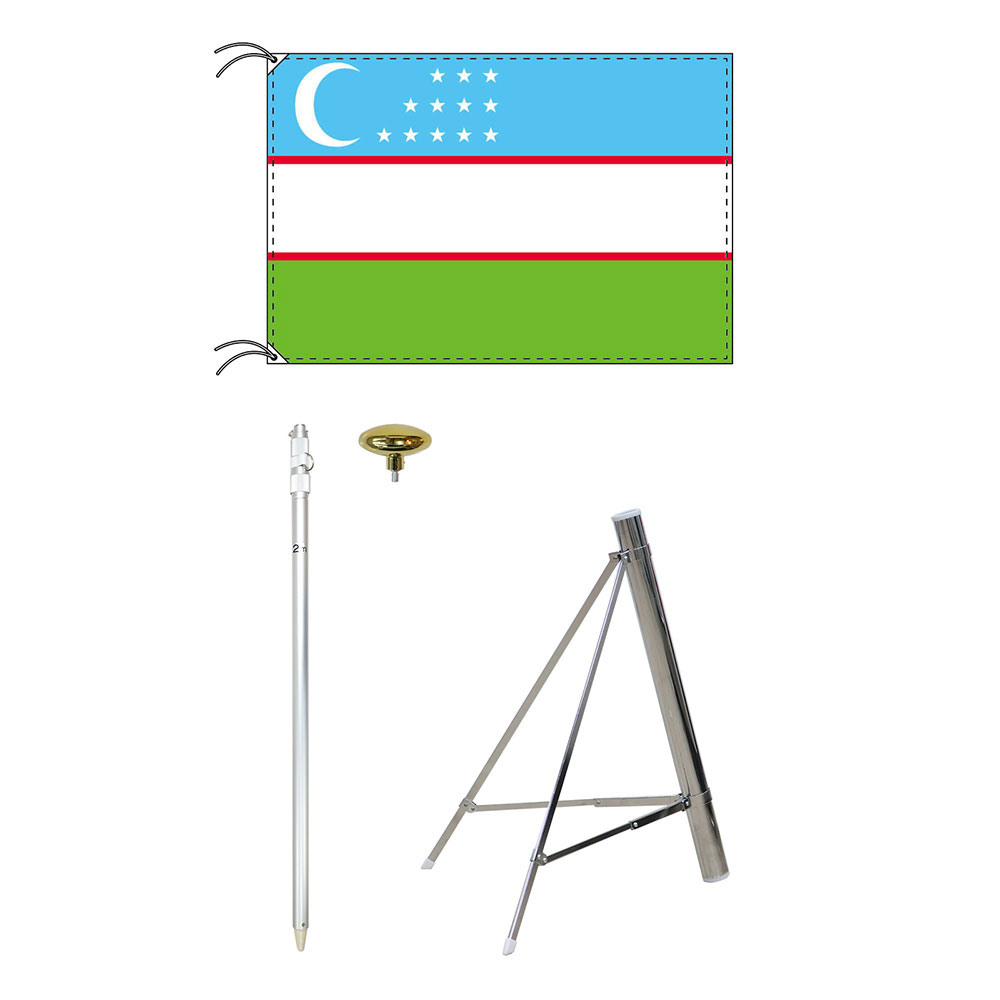 TOSPA ウズベキスタン 国旗 スタンドセット 70×105cm国旗 2mポール 金色扁平玉 新型フロアスタンドのセット 世界の国旗シリーズ