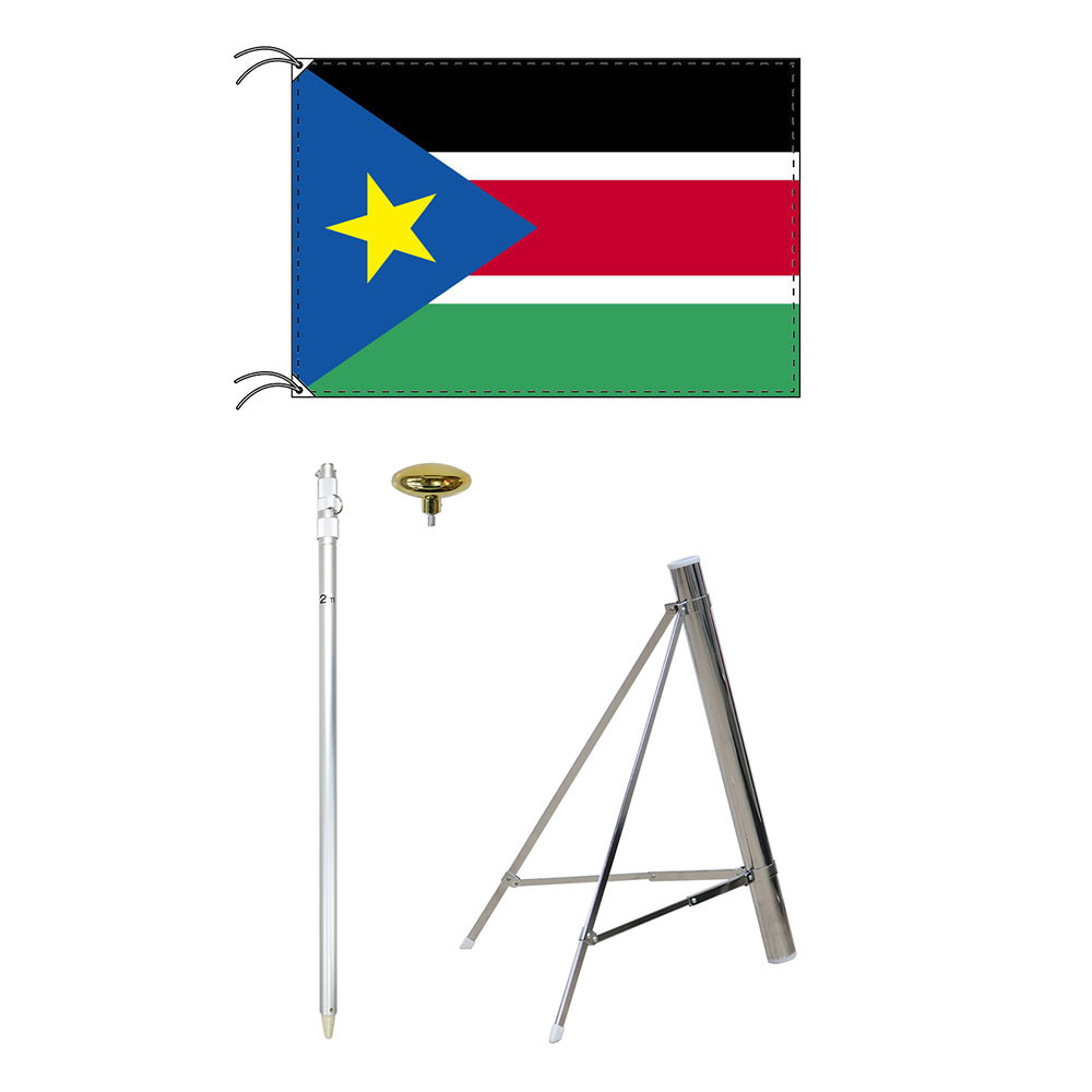 TOSPA 南スーダン 国旗 スタンドセット 70×105cm国旗 2mポール 金色扁平玉 新型フロアスタンドのセット 世界の国旗シリーズ