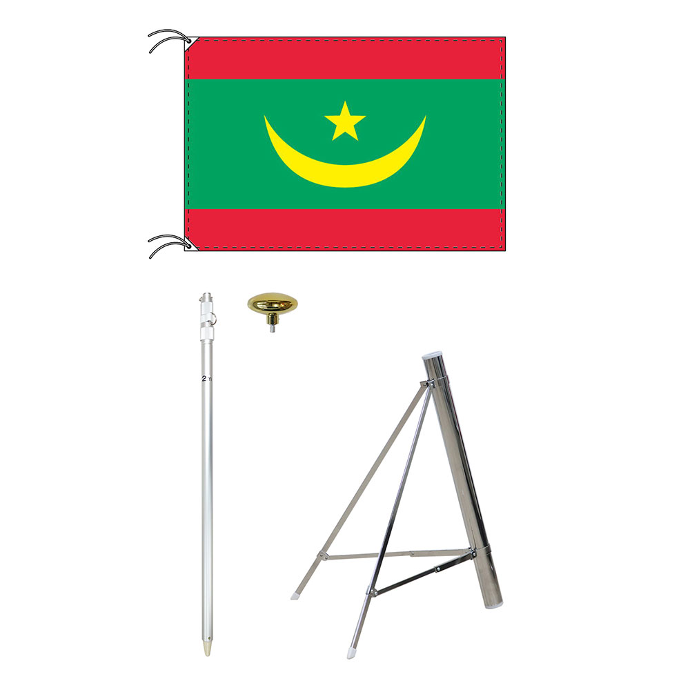 TOSPA モーリタニア 国旗 スタンドセット 70×105cm国旗 2mポール 金色扁平玉 新型フロアスタンドのセット 世界の国旗シリーズ