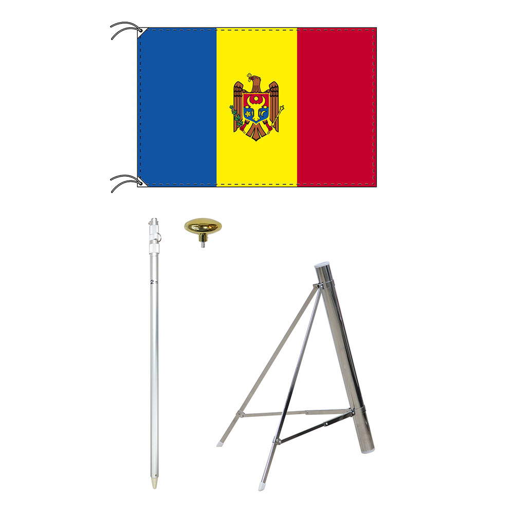 TOSPA モルドバ 国旗 スタンドセット 90×135cm国旗 3mポール 金色扁平玉 新型フロアスタンドのセット 世界の国旗シリーズ