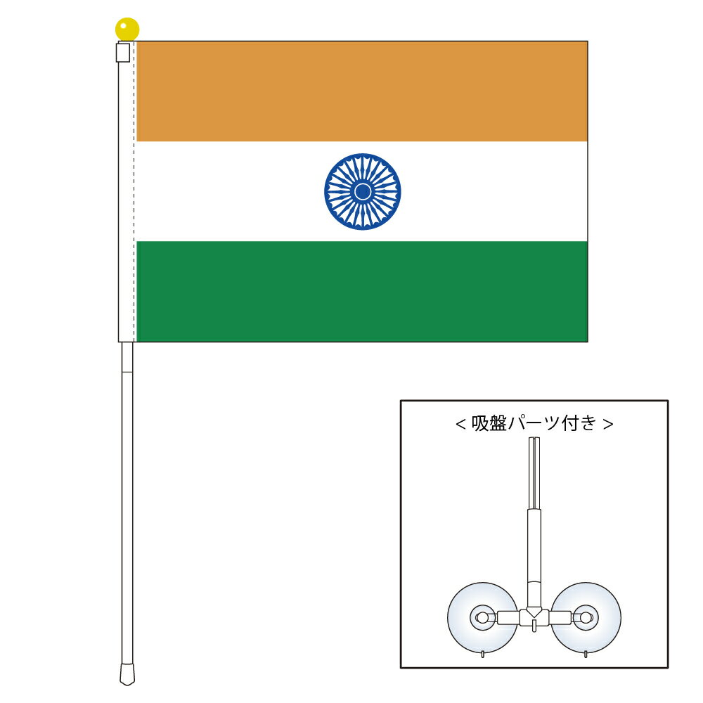 TOSPA インド 国旗 ポータブルフラッグ 吸盤付きセット 旗サイズ25×37.5cm テトロン製 日本製 世界の国..