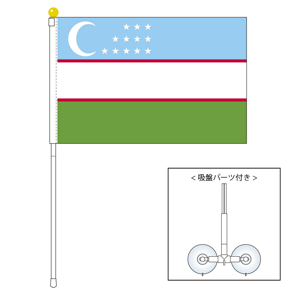 TOSPA ウズベキスタン 国旗 ポータブルフラッグ 吸盤付きセット 旗サイズ25×37.5cm テトロン製 日本製 世界の国旗シリーズ