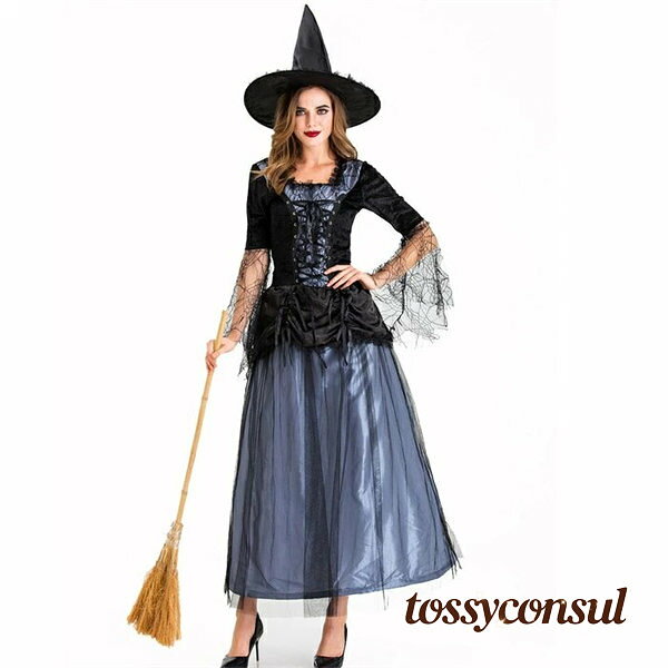 コスチューム ハロウィン衣装 コスプレ 大人 チュール レース 帽子 ロング 半袖 仮装 レトロ 宮廷風 魔女 巫女 悪魔 吸血鬼 バンパイア レディース ワンピース ドレス ブラック ブルー 復活祭 パーティー 中世期