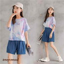 セットアップ 子供服 キッズ 女の子 2点セット 半袖 デニムパンツ シャツ+3分ズボン カジュアル パンツセット 春夏着 上下セット 短パンツ 小学生 通学着 可愛い子供服 女の子 安い 100 110 120 新生活