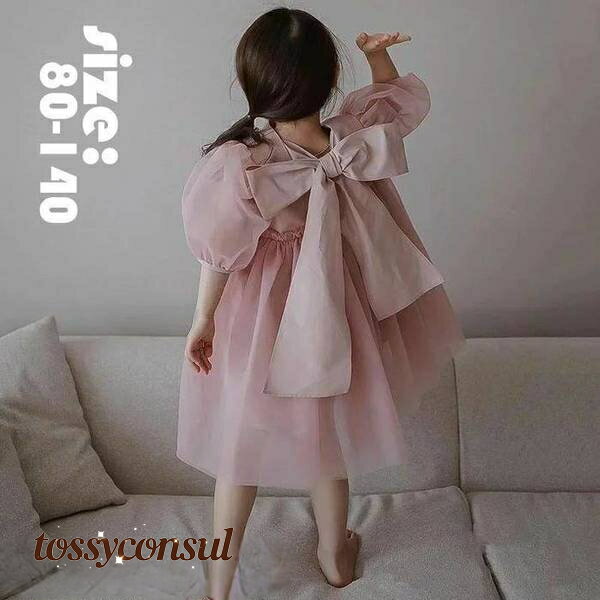 プリンセスドレス ワンピースドレス 女の子 半袖 パフスリーブ 可愛い リボン チュールスカート オシャ..
