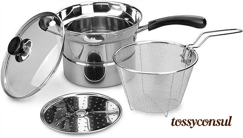 新生活 ガス火対応 ガラス蓋付 深型片手鍋 (ステンレスカラー) パスタ ふきこぼれない 鍋，多用途お鍋蒸気、麺を調理する、天ぷら22 ステンレス製 4点セット：ポット/フィルター/カバー/蒸しトレー ラーメン まいにち使いの多用途お鍋