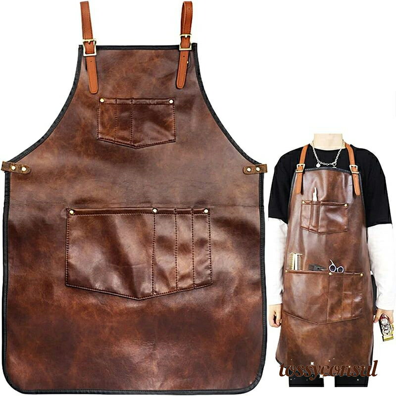 新生活 エプロン キッチンバーベキュー料理 理髪店 手作業 ポケット付き クロスバックストラップ 女性用防水レザーエプロン バリスタエプロン