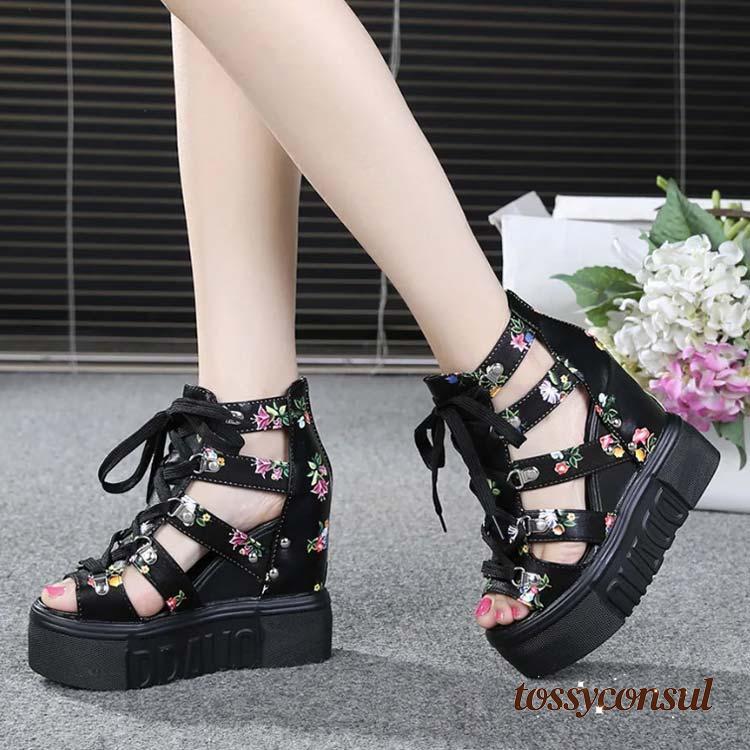 新生活応援 ヒール ウェッジソール レースアップ 厚底 レディースサンダル 花柄 美脚 オープントゥ 歩..