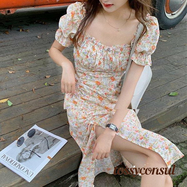 春 夏 半袖ワンピース 夏 サマーワンピース ロングワンピ スクエアネック スリット入り レトロワンピース バブルスリーブ フラワーワンピ 花柄 プレゼント ギフト 新生活