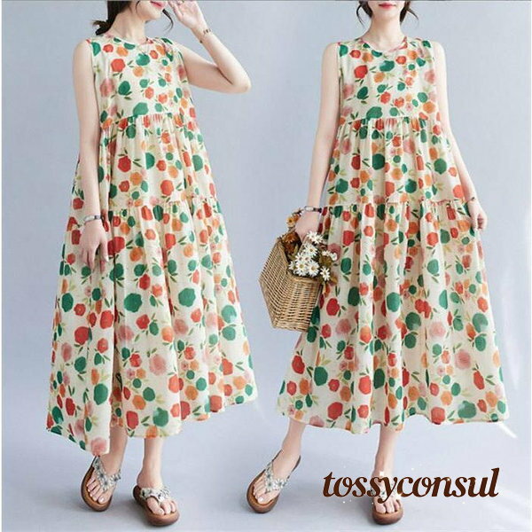 ワンピース 夏 春 ワンピ ロングワンピース レディース ノースリープ 花柄 ゆったり 体型カバー きれいめ タンクワンピース サマー 涼しい 可愛い Aライン プレゼント ギフト 新生活