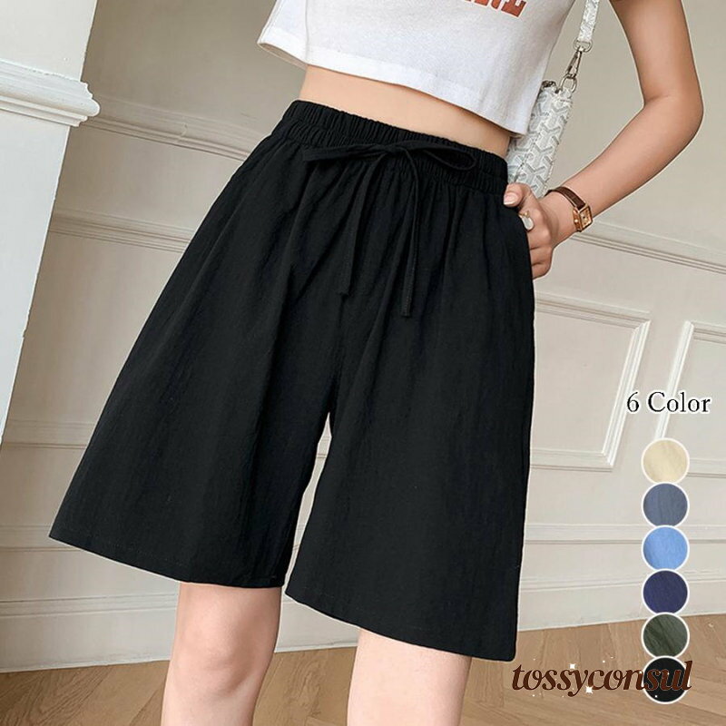 リネン ワイドパンツ 短パン 綿麻 半ズボン 女 レディース ボトムス ファッション ホワイトデーお返し ..