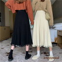 ニットスカート ロング 秋冬 ニットフレアスカート 黒 レース裾スカート ひざ下 40代 30代 厚手スカート ハイウェスト ボトムス 体型カバー 通勤 オシャ...