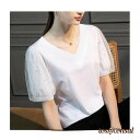 「50%OFFクーポン」新生活応援 tシャツ 半袖 トップス レディース Tシャツ 半袖シャツ パフスリーブ パール付き おしゃれ