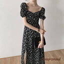 「スーパーSALE10%OFF」 マキシワンピース レディース 花柄 半袖 Vネック パフスリーブ ロング丈 ひざ下 五分袖 ワンピース 夏 黒ワンピース きれいめ リゾート シフォン フェミニン 上品 女らしい ビーチ 夏 海 爽やか 着やせ パーティー デート