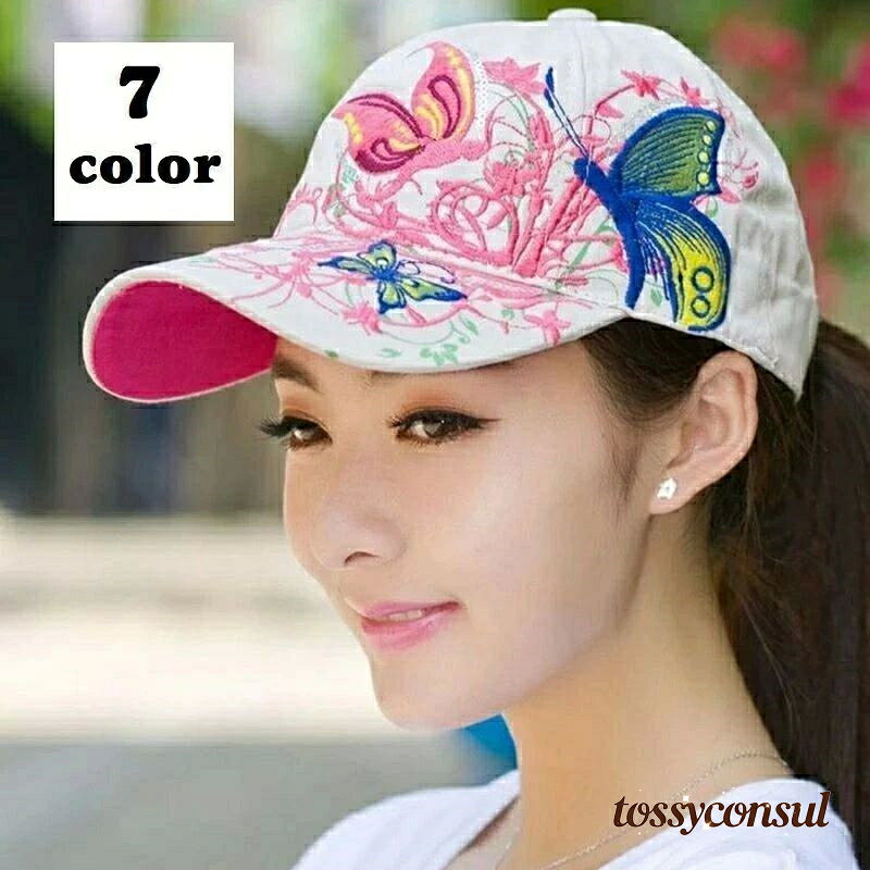 キャップ 帽子 刺繍 バタフライ 蝶々 アジャスターベルト フェイクレザーベルト 英字ロゴ バックロゴ おしゃれ 可愛い 女の子 ファッション小物 レディース