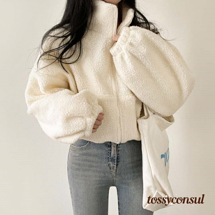 新生活応援 アウター 長袖 保温 ハイネック レディース ジャケット ショート丈 ボアブルゾン 秋冬 ボアブルゾン ボリューム袖 もこもこ ふわふわ ゆったり オーバーサイズ 暖か 防寒 ジャンパー 大きいサイズ 秋 冬