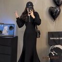 新生活応援 ワンピース 高級感 パーカーワンピース マーメイド 長袖 韓国風 大きサイズ 秋冬 着?せ ハッフジップ エレガント 折り襟 無地 パフスリーブ ぽわん袖 M L XL 3XL 秋冬 2XL