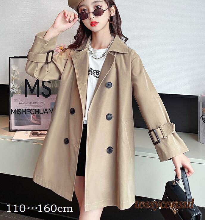 「スーパーSALE半額」 トレンチコート キッズ ジュニア 女の子 子供 アウター スプリングコート チェスターコート ベージュ カーキ ウエストマーク おしゃ...