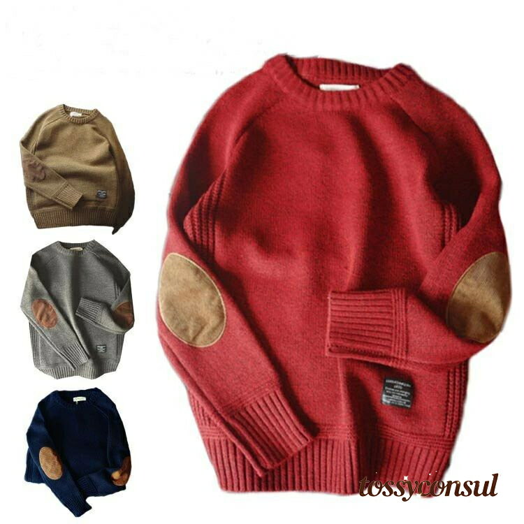 秋 厚手 リブ編み 冬 韓国 クルーネック ニット 大きいサイズ エルボーパッチ エルボーパッチ 無地 メンズ(4)