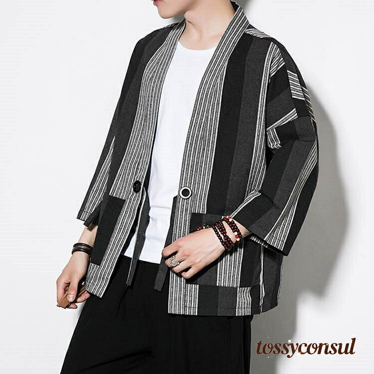 羽織り カーディガン メンズ 大きいサイズ 麻 七分袖 ストライプ 縦縞 リネン混 綿混 和柄 和服 法被 甚平 作務衣風 ジャケット 夏 涼しい 祭り 着物 和風 カジュアル 服 シャツ 部屋着 トップス