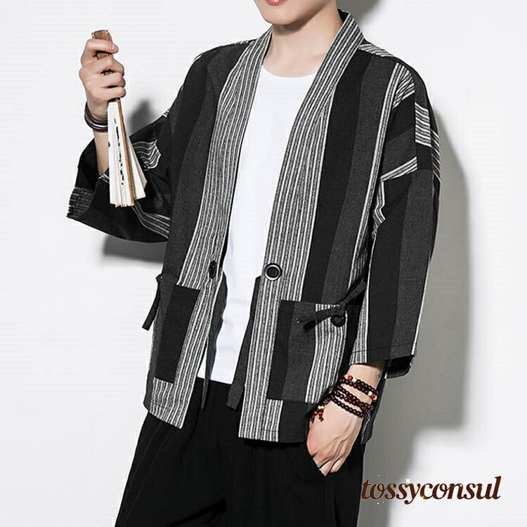 羽織り カーディガン メンズ 大きいサイズ 麻 七分袖 ストライプ 縦縞 リネン混 綿混 和柄 和服 法被 甚平 作務衣風 ジャケット 夏 涼しい 祭り 着物 和風 カジュアル 服 シャツ 部屋着 トップス