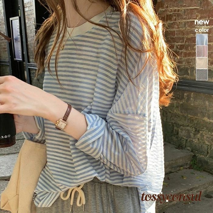 「スーパーSALE半額」 Tシャツ 長袖 夏 UVカット レディース シアー ボーダー カットソー ロンT ストライプ柄 夏 ゆったり 大きいサイズ オーバーサイズ 日焼け止め トップス 薄手 プルオーバー