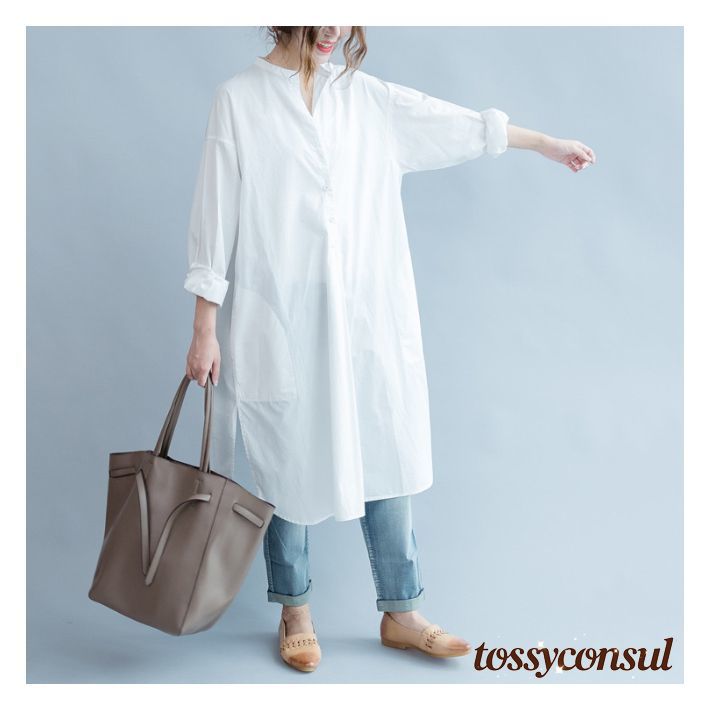 ロングシャツ ワンピース 無地 長袖 カジュアル オーバーサイズ 上品 清楚 韓国 ゆったり / レディース シャツワンピース シャツ ミモレ丈 ミモレ スキッパー オフィスカジュアル スキッパーネック ロング スリット 大人可愛い