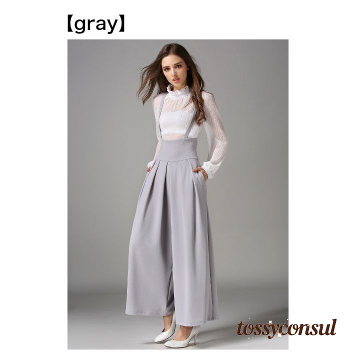 新生活応援 バックゴム 切り替え タック サロペット パンツ 上品 カジュアル ゆったり ワイドパンツ / レディース ボトムス ふんわり ジャンパースカート ロング オフィスカジュアル 清楚 きれいめ ハイウエスト 大人可愛い 秋